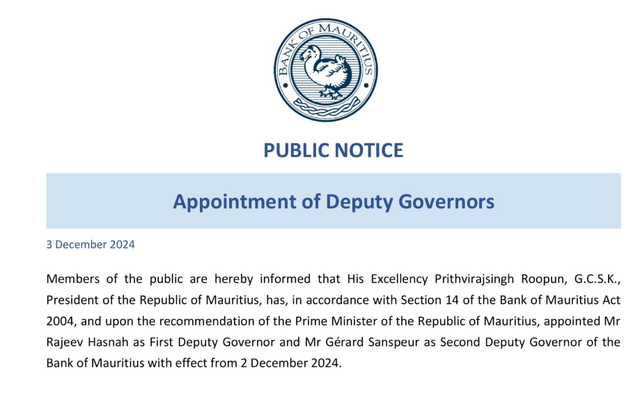 Bank of Mauritius Appoints 2 New Deputy Governors