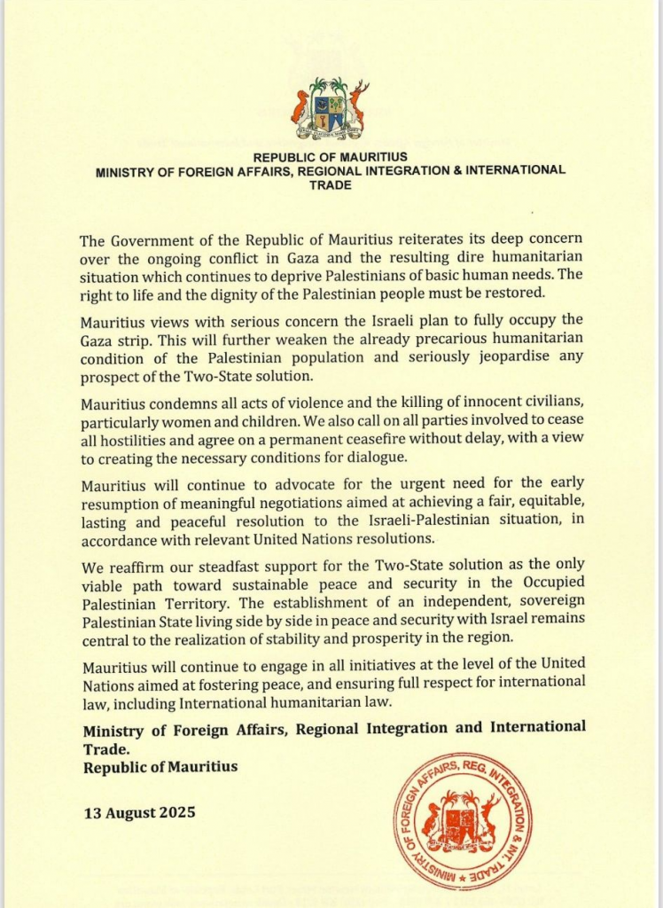 Mauritius Condemns Gaza Civilian Deaths, Demands UN-Backed 2-State Solution