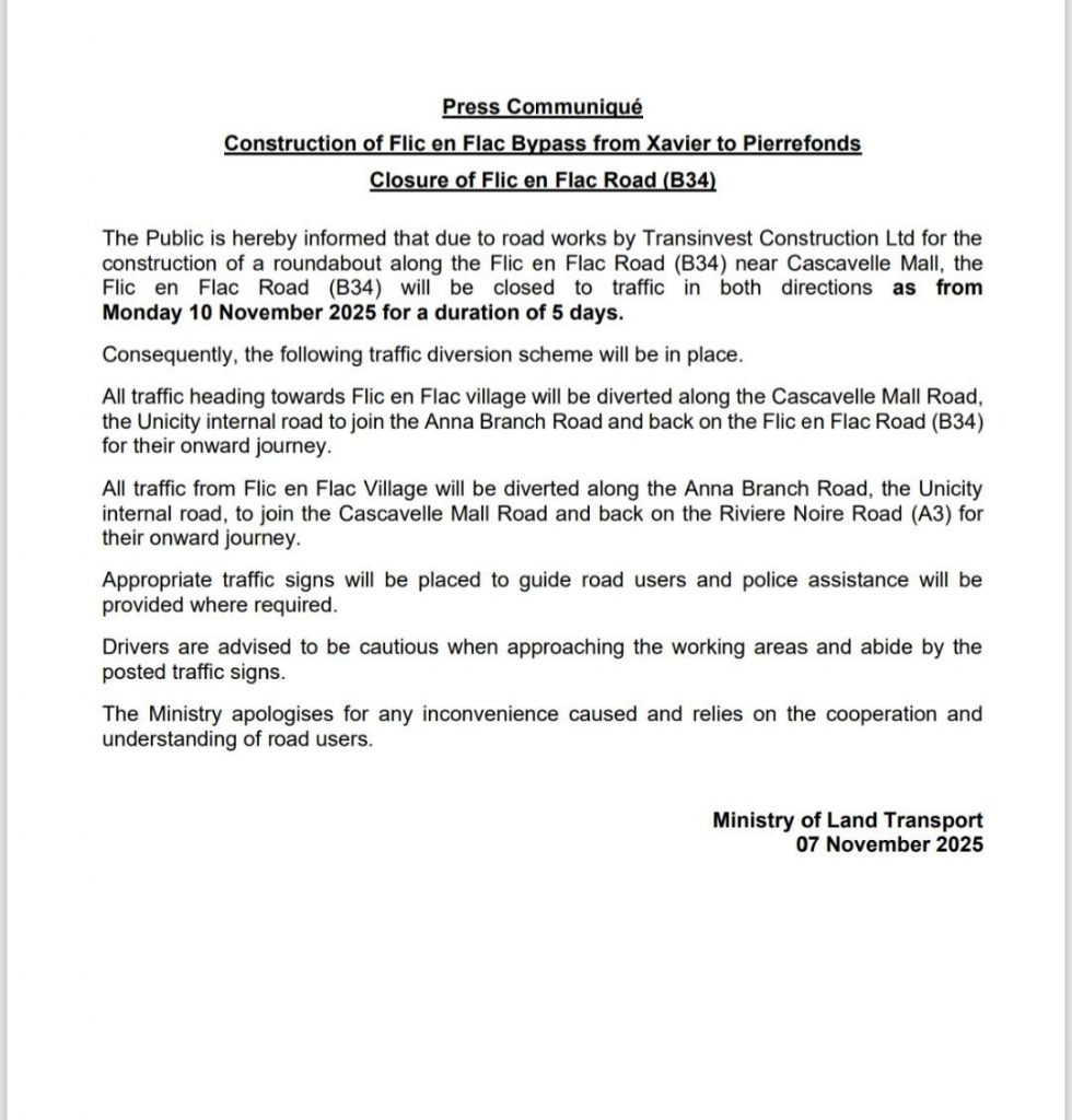 5-Day Road Closure Set for Flic-en-Flac B34 Roundabout Works 5-Day Road Closure Set for Flic-en-Flac B34 Roundabout Works