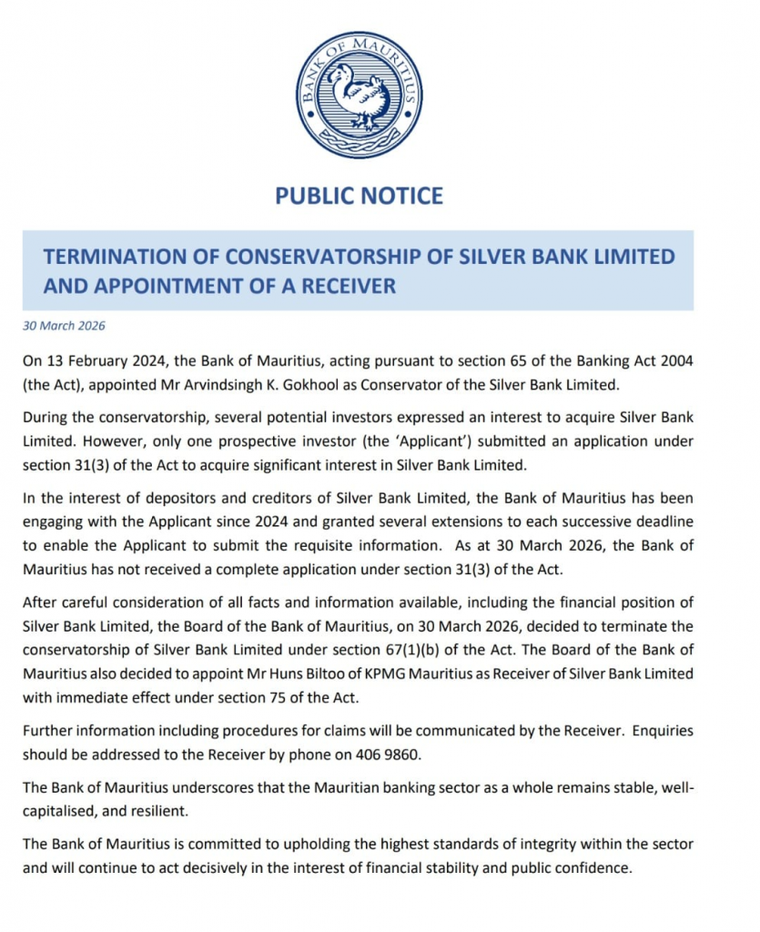 Silver Bank Enters Receivership on 30 March 2026 After Failed Sale Process