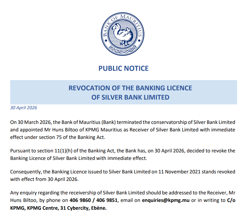 Bank of Mauritius Revokes Silver Bank Licence following 30 March Receivership